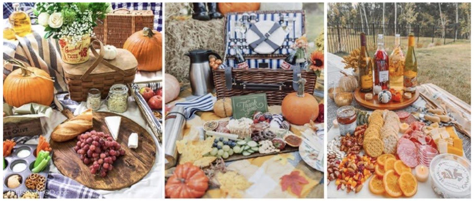 Fall picnic spreads with pumpkins, picnic baskets, cheese boards and drinks